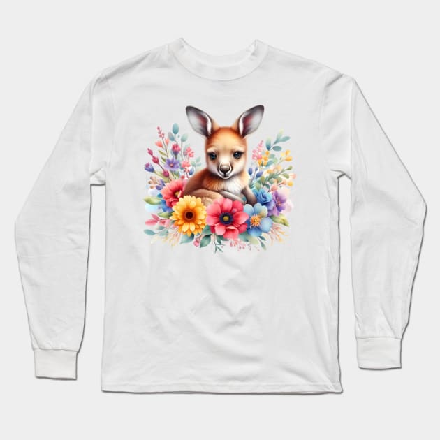 A baby kangaroo decorated with beautiful colorful flowers. Long Sleeve T-Shirt by CreativeSparkzz